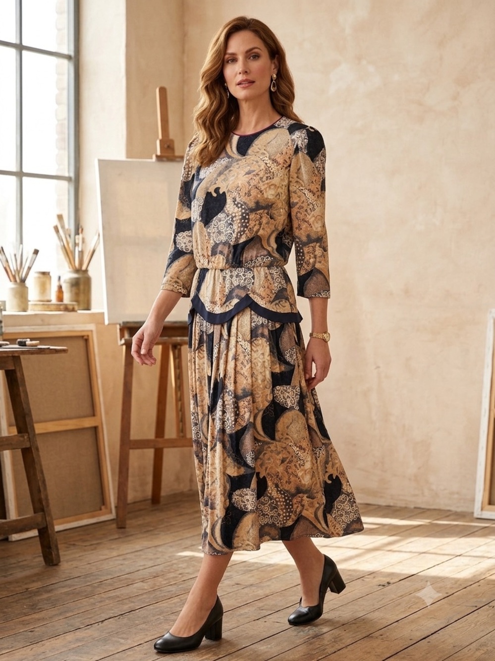 Abstract Navy and Beige Long-Sleeve Maxi Dress